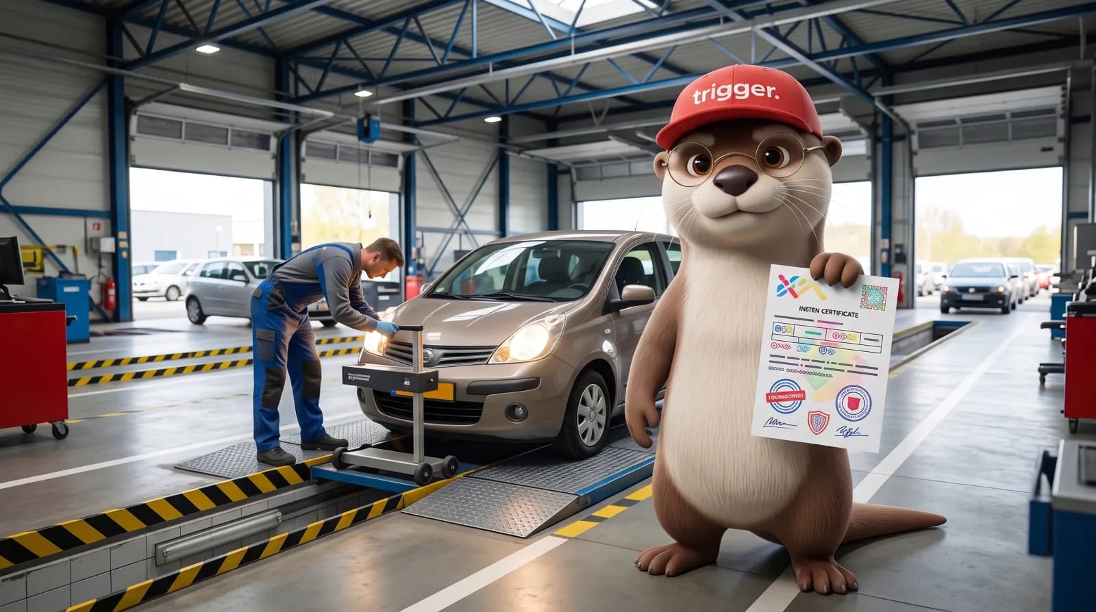 La loutre trigger présente un certificat de contrôle technique dans un garage où un mécanicien inspecte une voiture au Luxembourg.