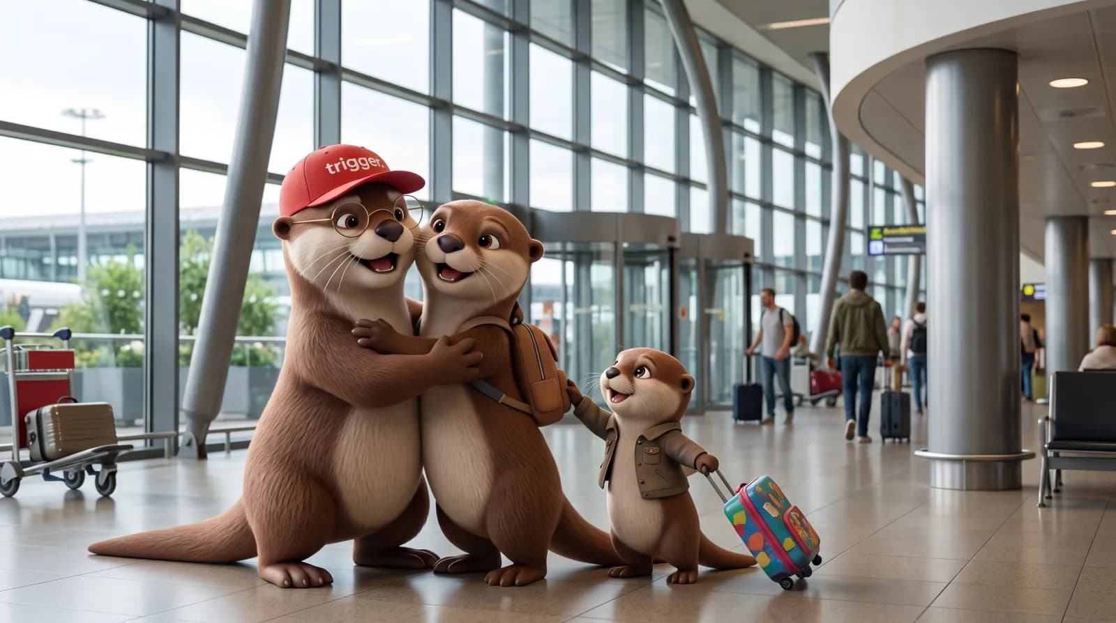 La loutre trigger et sa famille avec leurs valises dans un aéroport, symbolisant l'arrivée et l'installation de nouveaux résidents au Luxembourg.