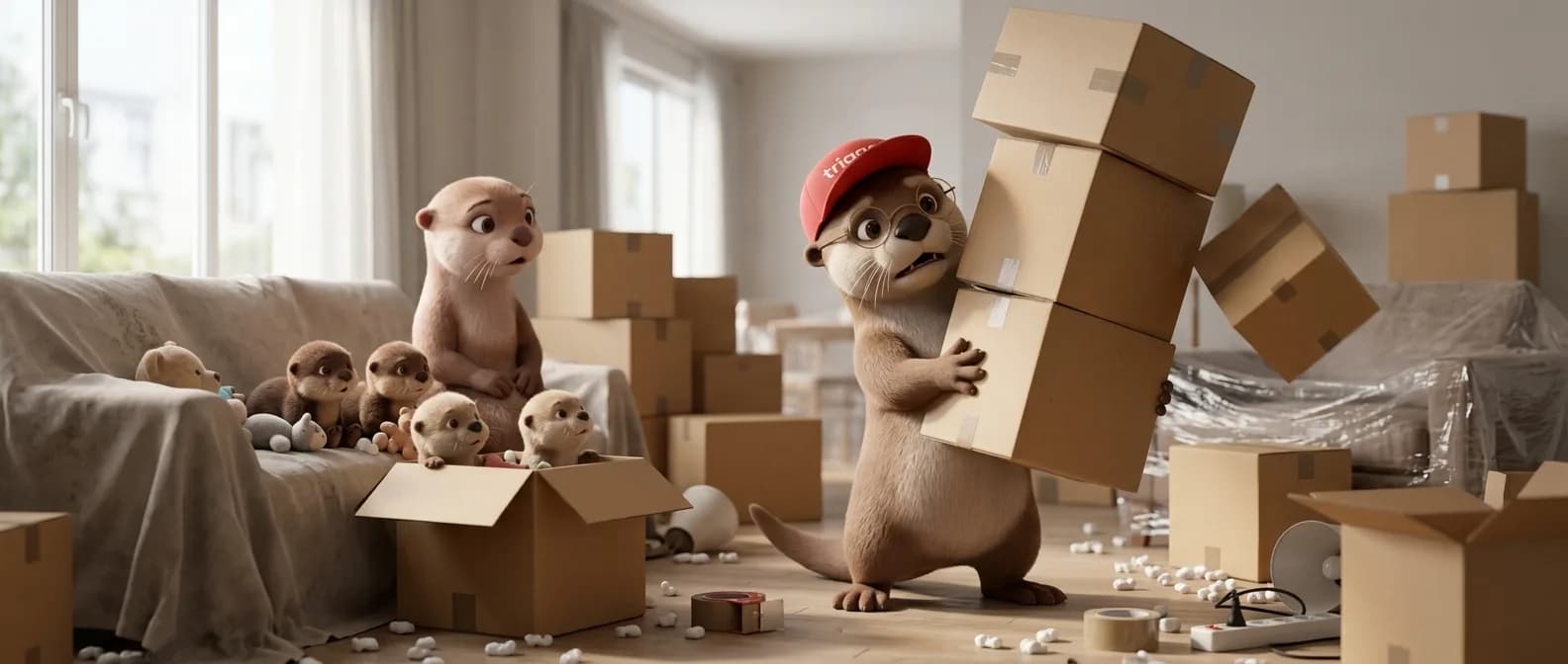 La loutre trigger, portant une casquette rouge, peine à porter une pile de cartons de déménagement au Luxembourg, sous le regard inquiet de sa famille.