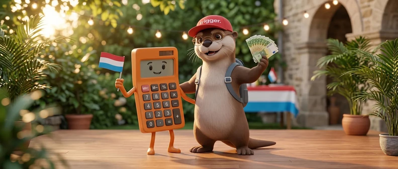The trigger otter and a smiling calculator hold Euros and the Luxembourg flag, symbolizing finance and administrative procedures in Luxembourg.