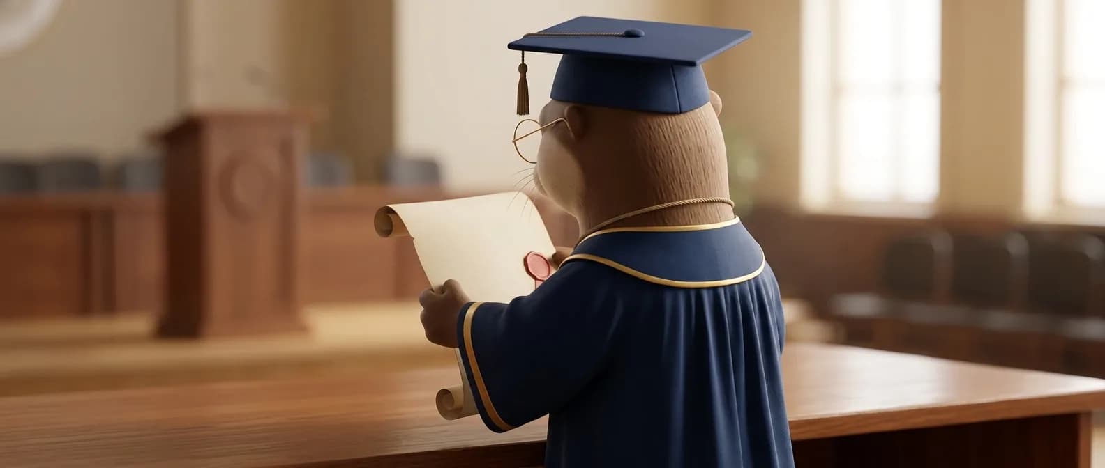 La loutre trigger, de dos, porte une toge et une casquette de diplômé bleues, tenant un parchemin scellé dans une salle formelle au Luxembourg.