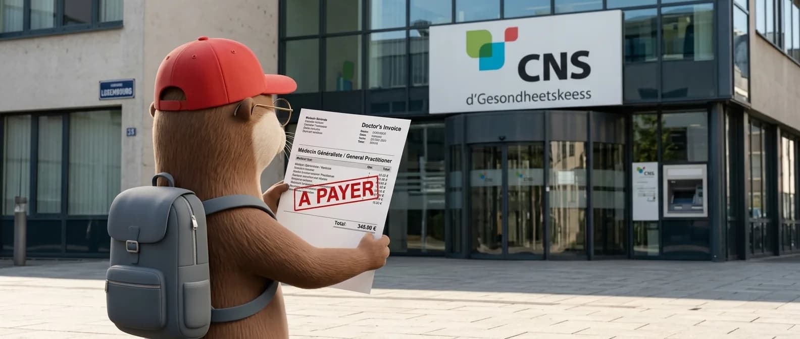 The trigger otter, wearing a red cap, examines a doctor's invoice stamped 'À PAYER' in front of the CNS National Health Fund building in Luxembourg.