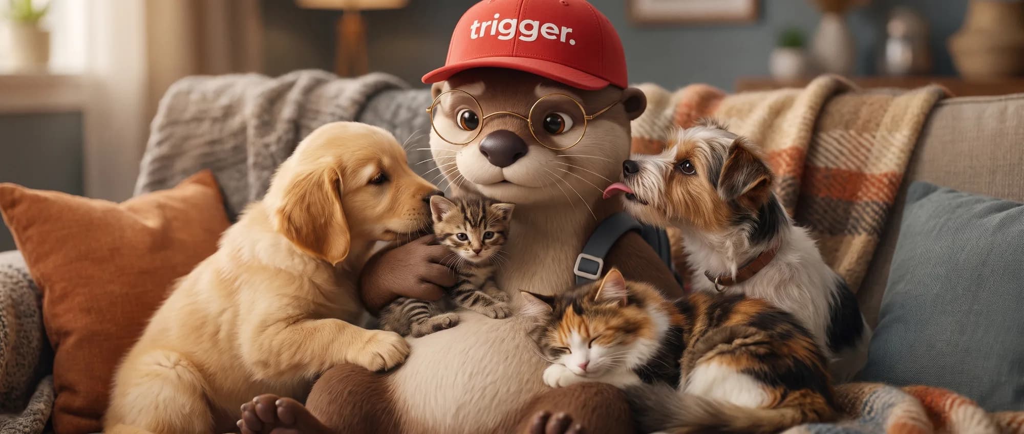 La loutre trigger entourée de chiens et de chats sur un canapé, illustrant la vie quotidienne avec des animaux de compagnie au Luxembourg.