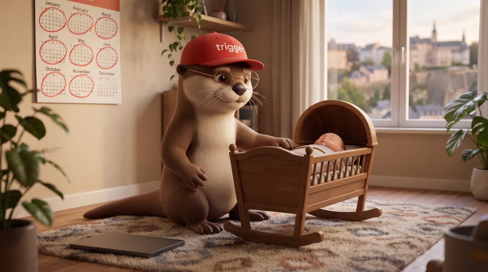 La loutre trigger avec sa casquette rouge s'occupe d'un bébé endormi dans un berceau en bois au Luxembourg.