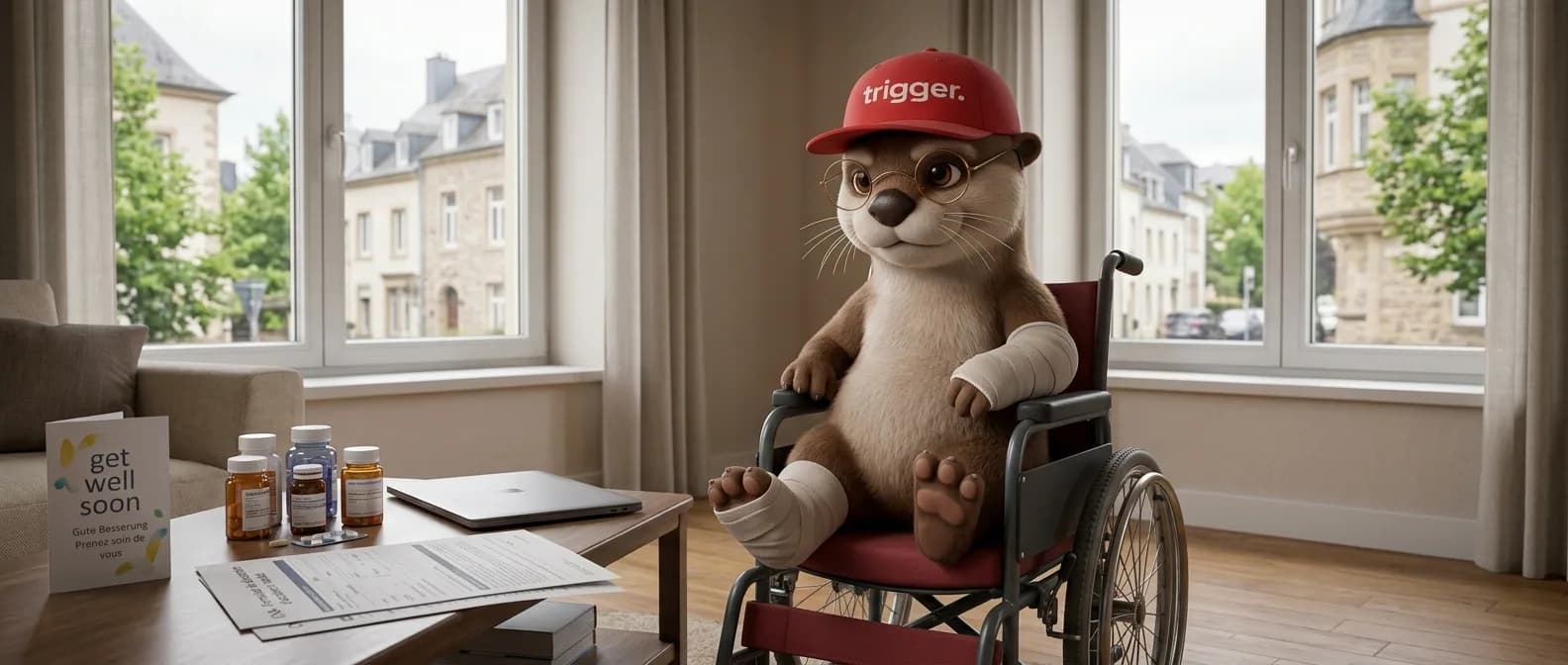 La loutre trigger, blessée avec des bandages, est dans un fauteuil roulant dans un appartement au Luxembourg. Des médicaments et formulaires sont sur la table.