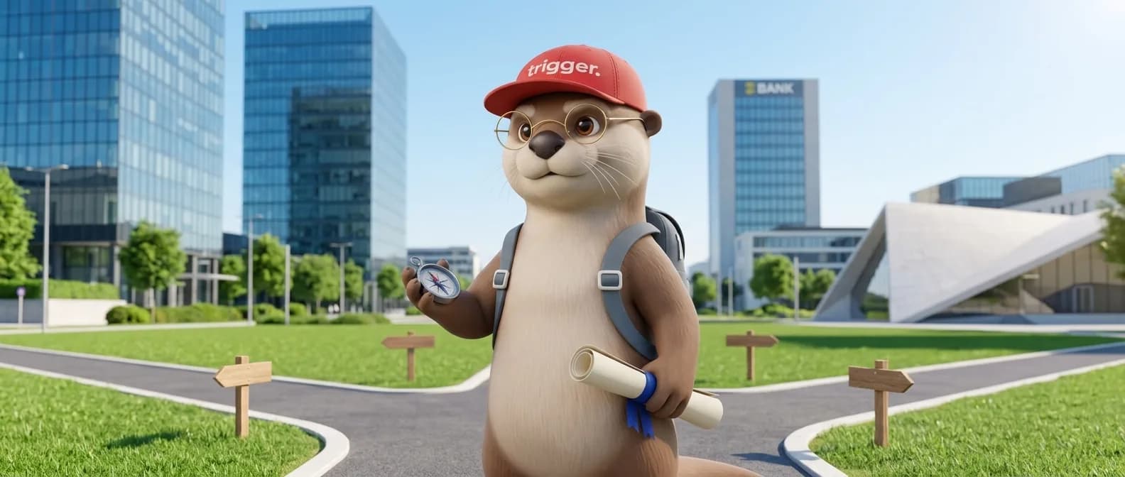 La loutre trigger, casquette rouge et lunettes, tient boussole et diplôme à un carrefour urbain de Luxembourg, avec des gratte-ciel modernes.