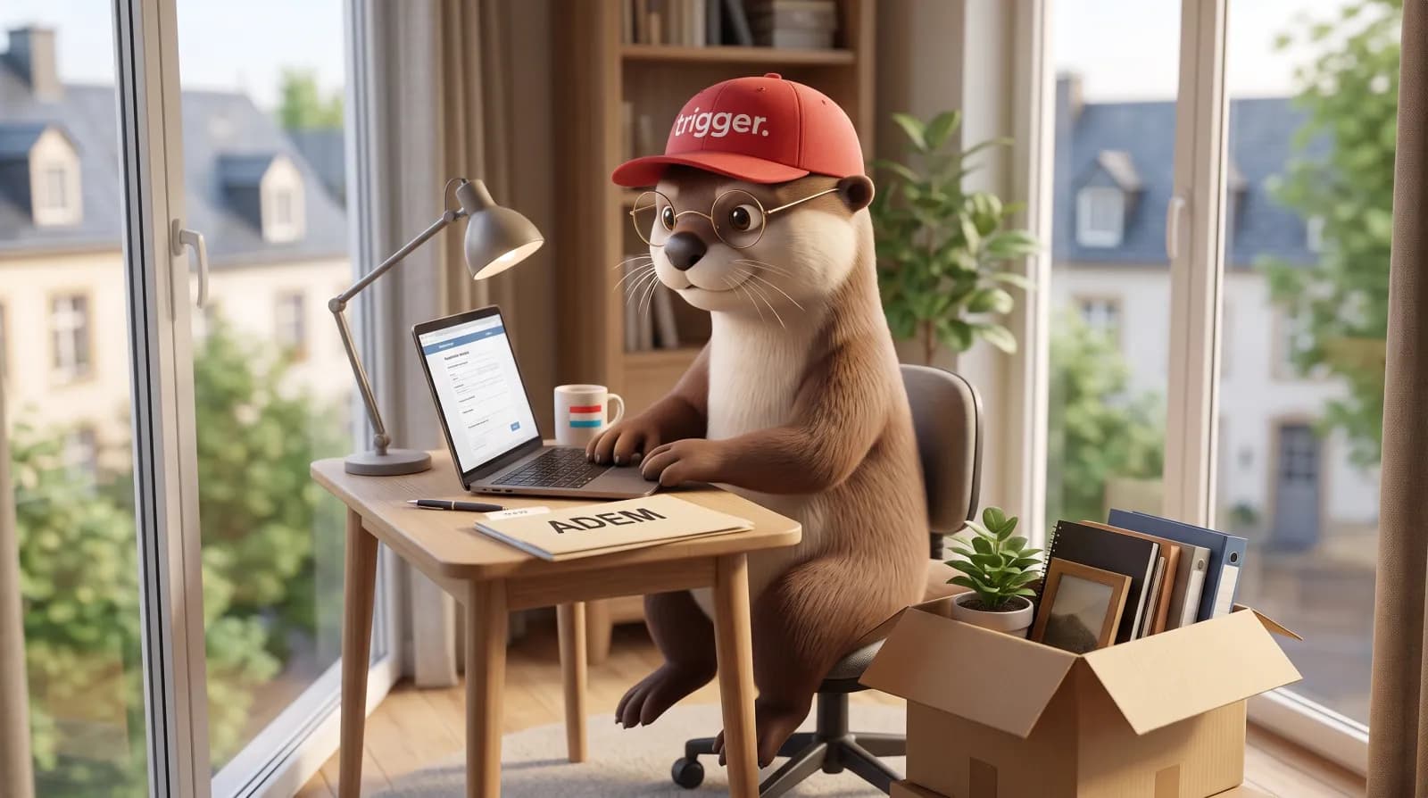 La loutre trigger porte une casquette rouge et travaille sur un ordinateur portable à son bureau devant un dossier ADEM au Luxembourg.