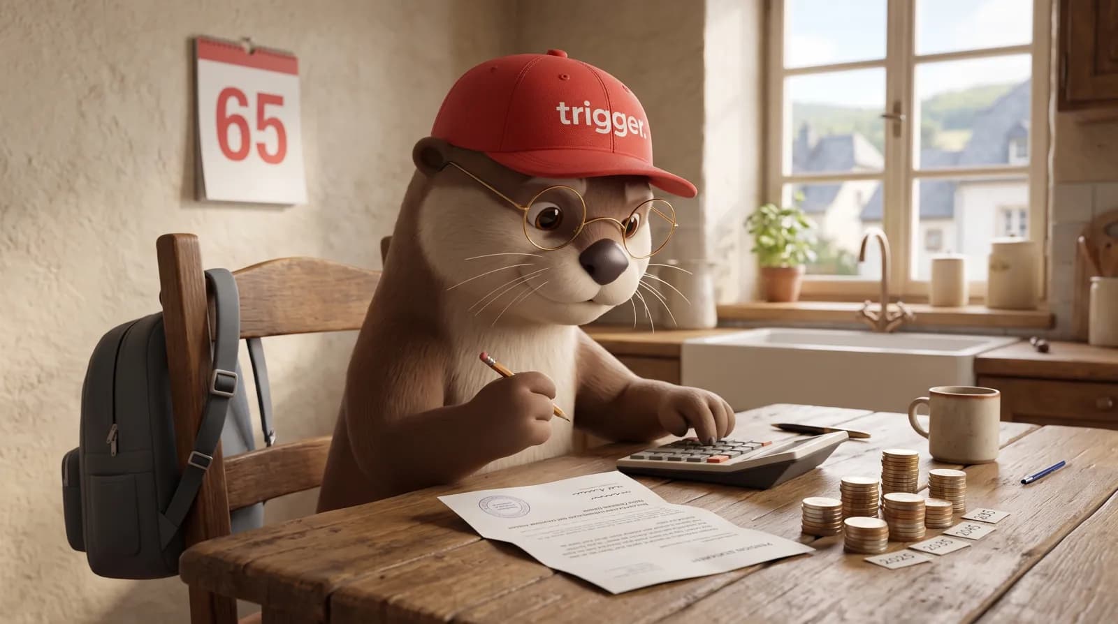 La loutre trigger calcule sa pension de retraite au Luxembourg avec une calculatrice, un document et des pièces de monnaie.