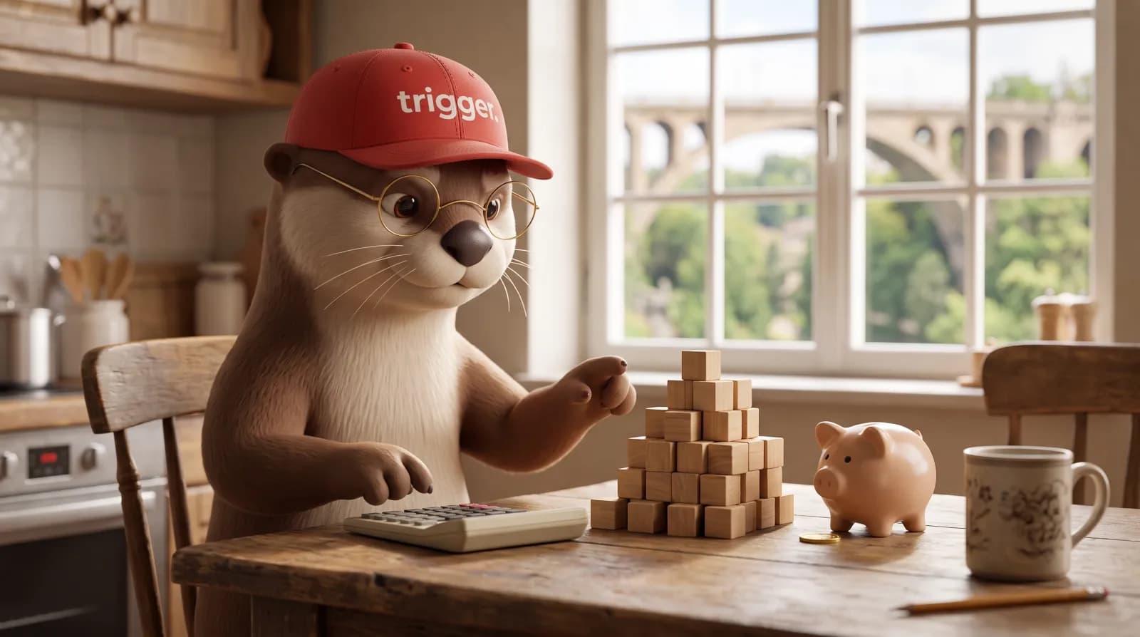 La loutre trigger avec des lunettes et une casquette rouge utilise une calculatrice près d'une tirelire pour calculer son budget au Luxembourg.