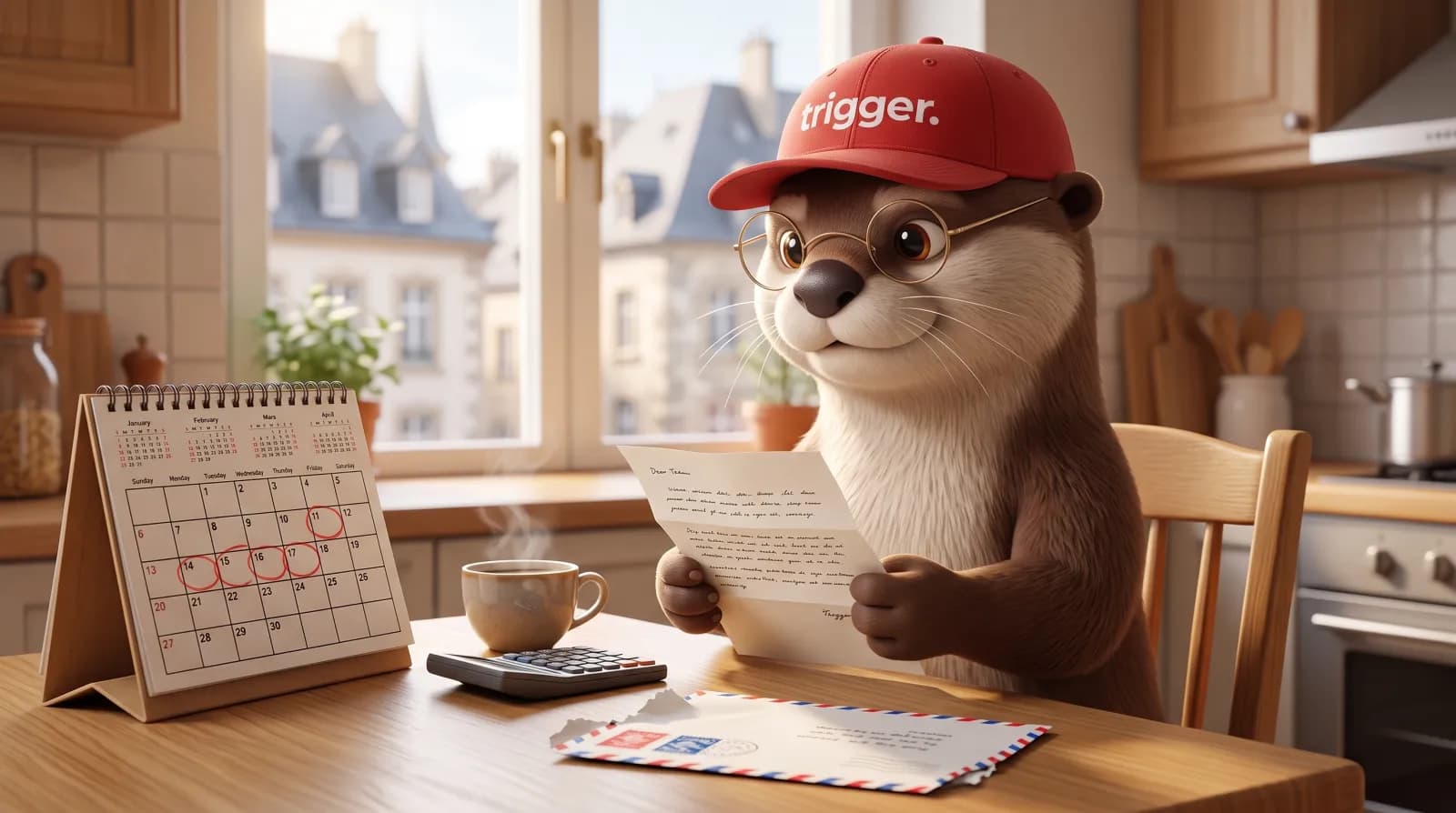 La loutre trigger consulte un courrier administratif près d'un calendrier et d'une tasse de café pour organiser ses démarches au Luxembourg.