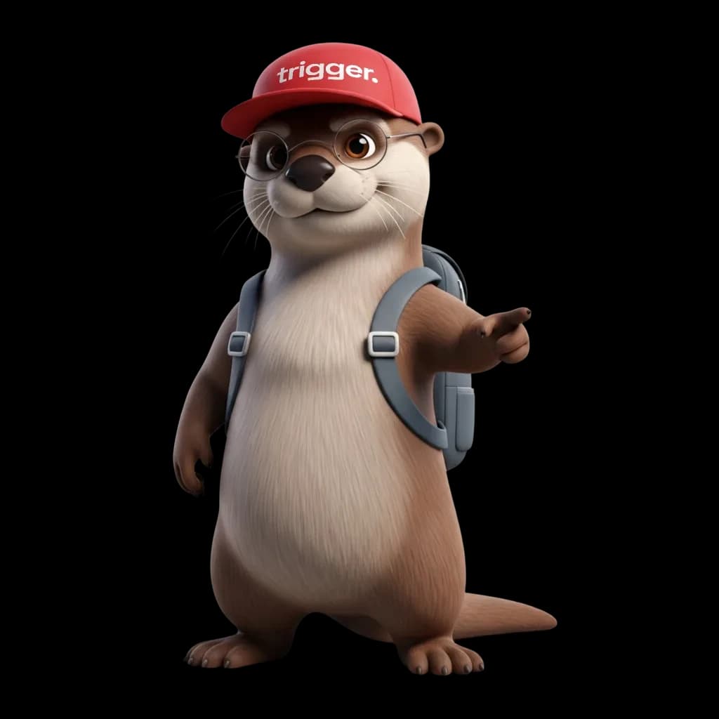 La loutre trigger, mascotte du guide Luxembourg, porte une casquette rouge, des lunettes et un sac à dos, pointant du doigt pour guider les résidents.
