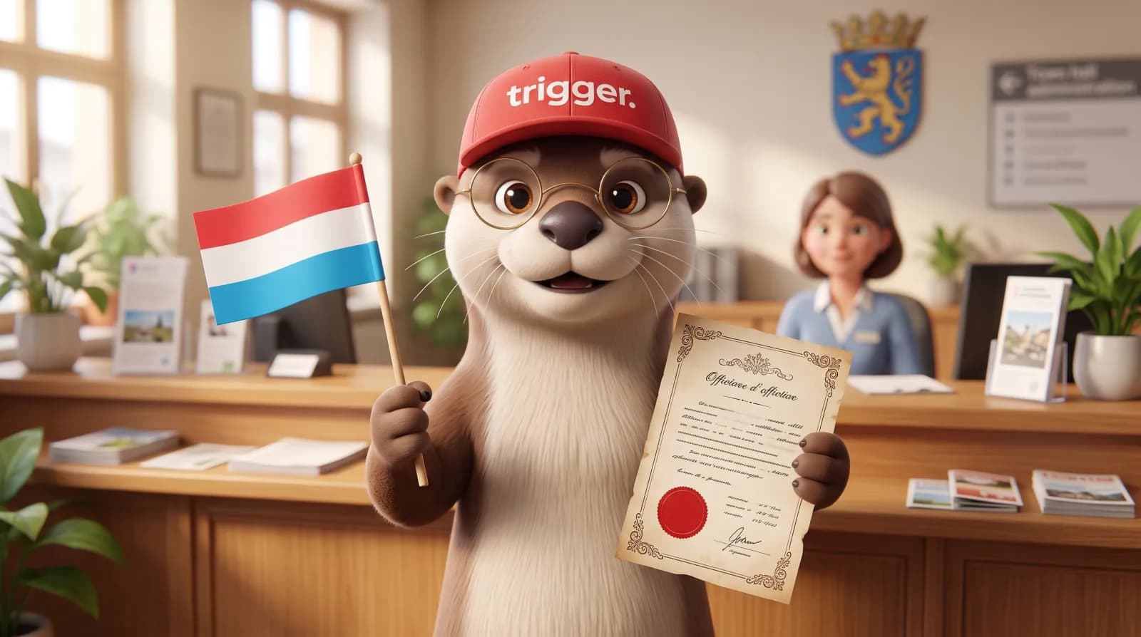 La loutre trigger porte une casquette rouge, un drapeau du Luxembourg et un certificat officiel dans un bureau administratif.
