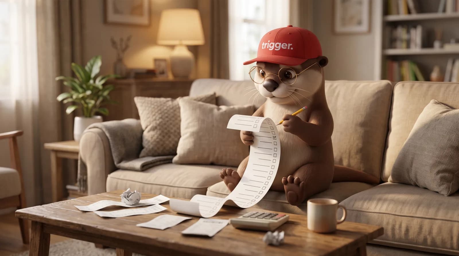 La loutre trigger avec des lunettes et une casquette coche une longue liste sur un canapé, préparant ses démarches fiscales au Luxembourg.