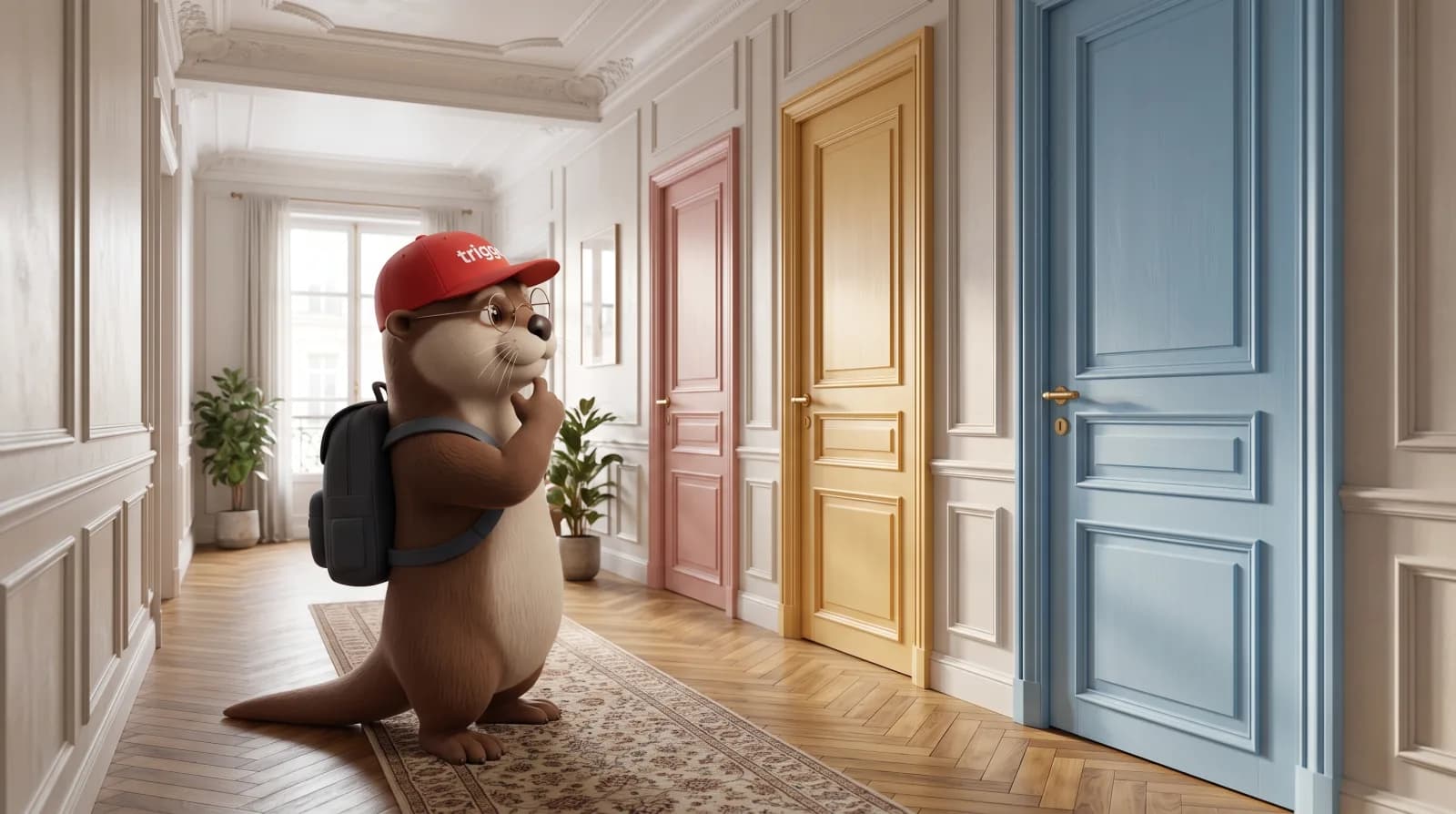 La loutre trigger avec un sac à dos hésite devant trois portes colorées dans un couloir au Luxembourg.