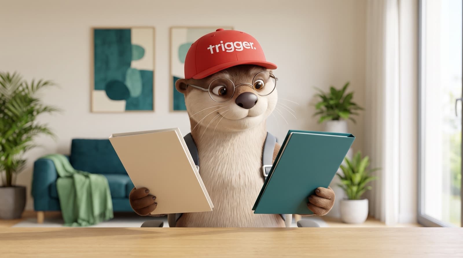 La loutre trigger porte des lunettes et une casquette rouge tout en comparant deux dossiers administratifs pour le Luxembourg.