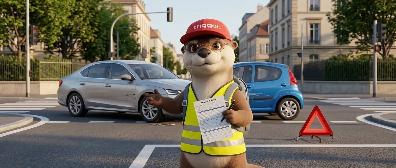 La loutre trigger, vêtue d'un gilet de sécurité, remplit un constat amiable sur une route au Luxembourg après un accident entre une voiture grise et une bleue.