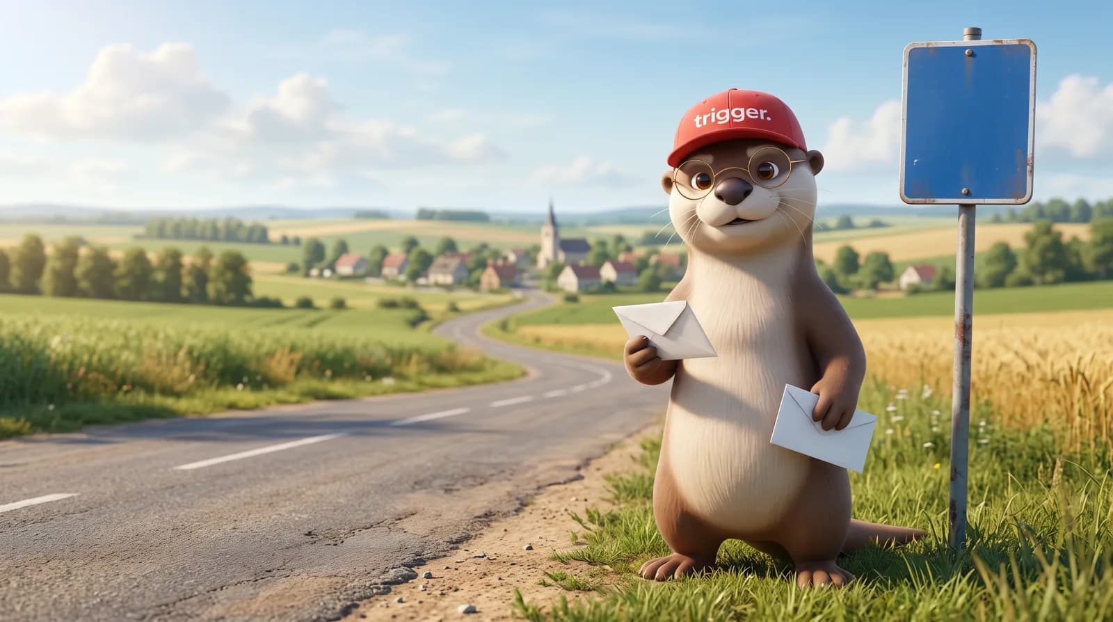 La loutre trigger avec sa casquette rouge tient deux lettres au bord d'une route de campagne au Luxembourg.