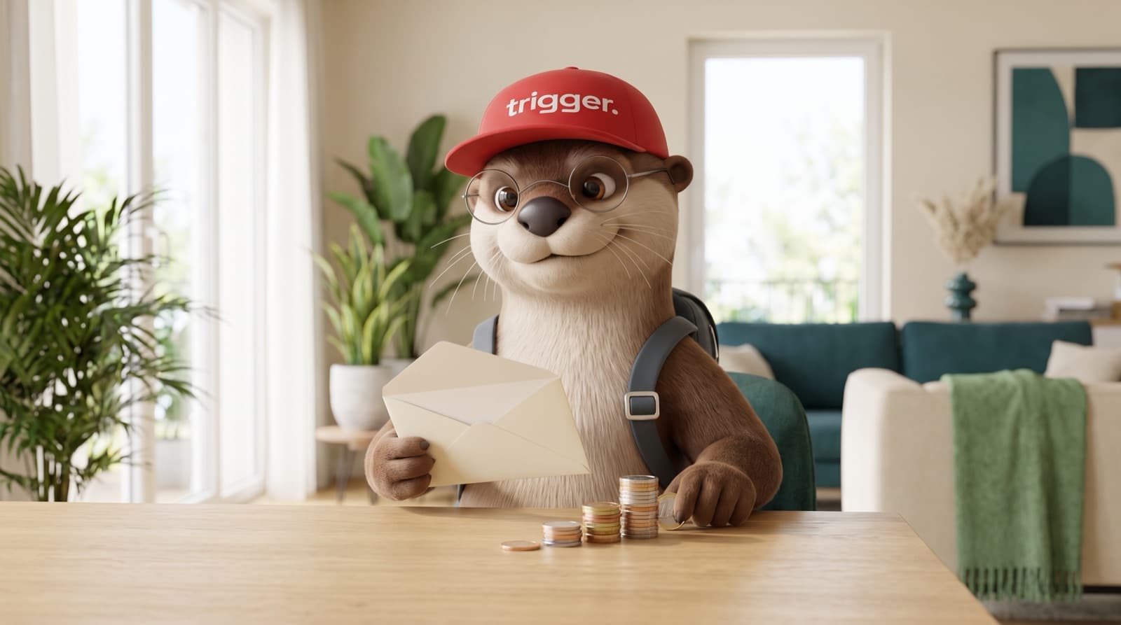 La loutre trigger portant des lunettes et une casquette rouge tient une enveloppe ouverte et compte des pièces de monnaie au Luxembourg.