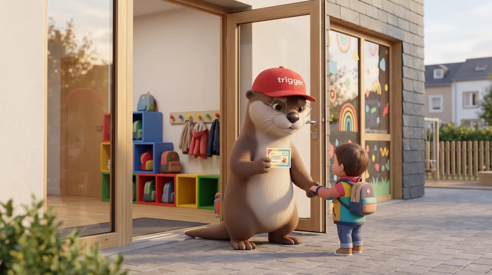 La loutre trigger portant une casquette rouge accueille un jeune enfant avec son sac à dos devant une crèche au Luxembourg.