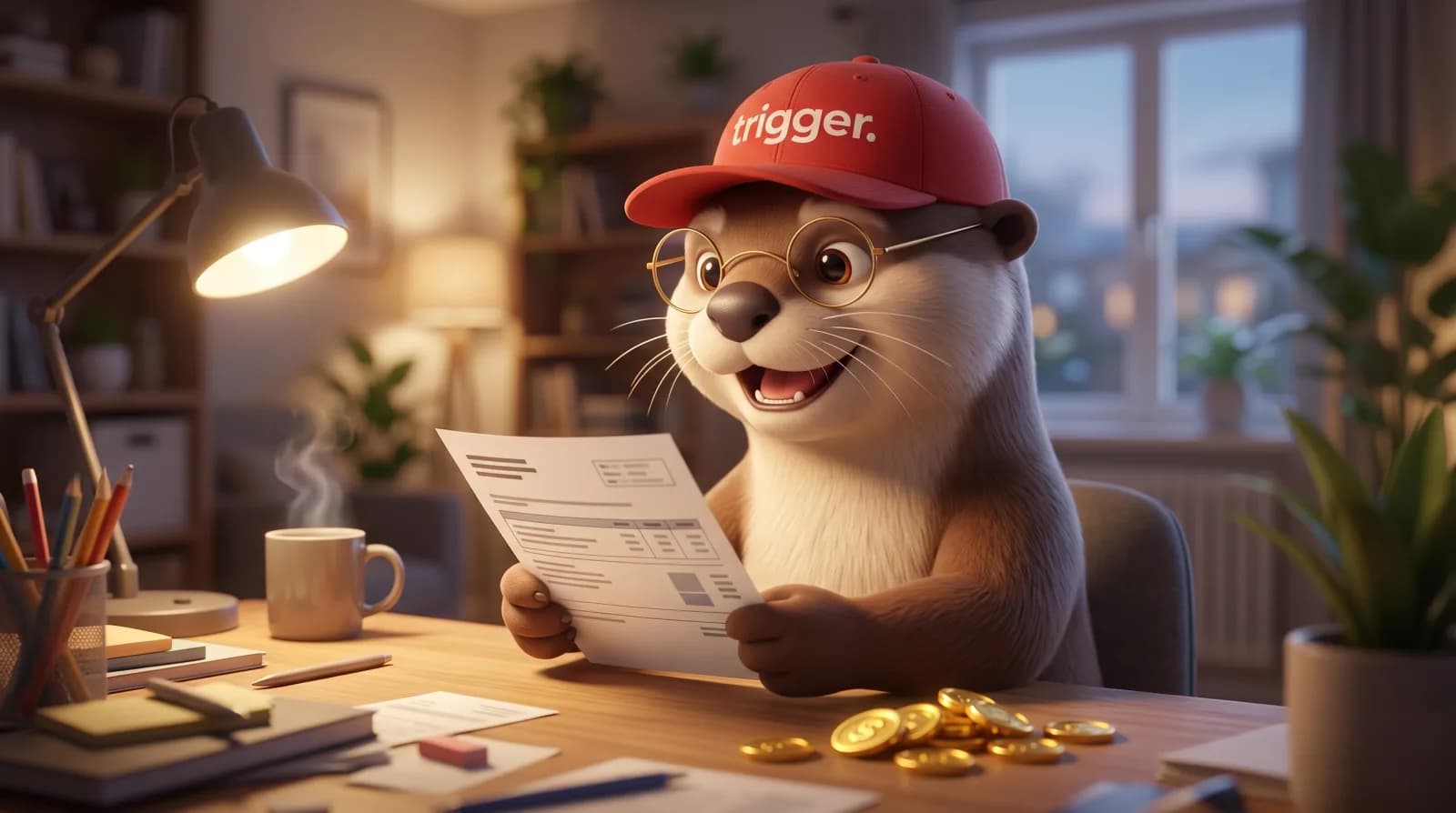 La loutre trigger porte des lunettes et une casquette rouge en examinant une déclaration d'impôt à son bureau au Luxembourg.