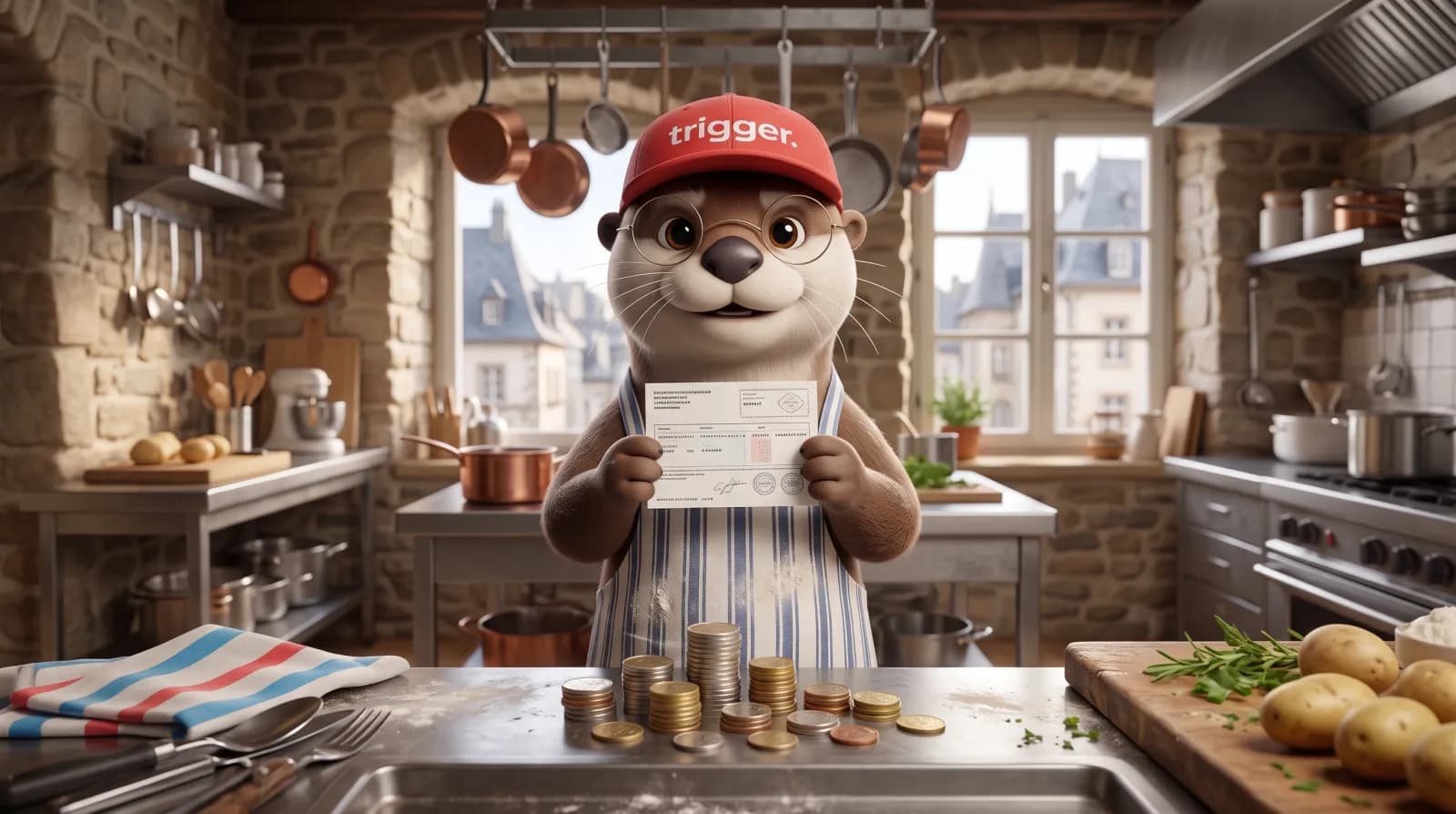 La loutre trigger porte des lunettes et une casquette rouge, tenant un formulaire fiscal au-dessus de piles de pièces au Luxembourg.