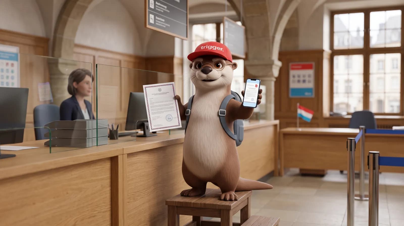 La loutre trigger présente un document officiel et un smartphone devant un guichet administratif au Luxembourg.