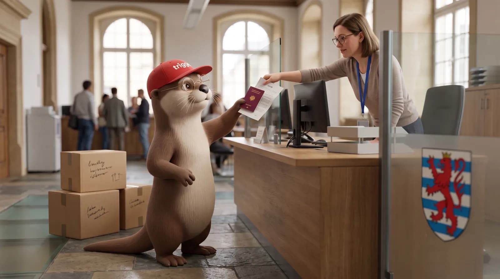 La loutre trigger présente son passeport et des documents au guichet d'une administration publique au Luxembourg.