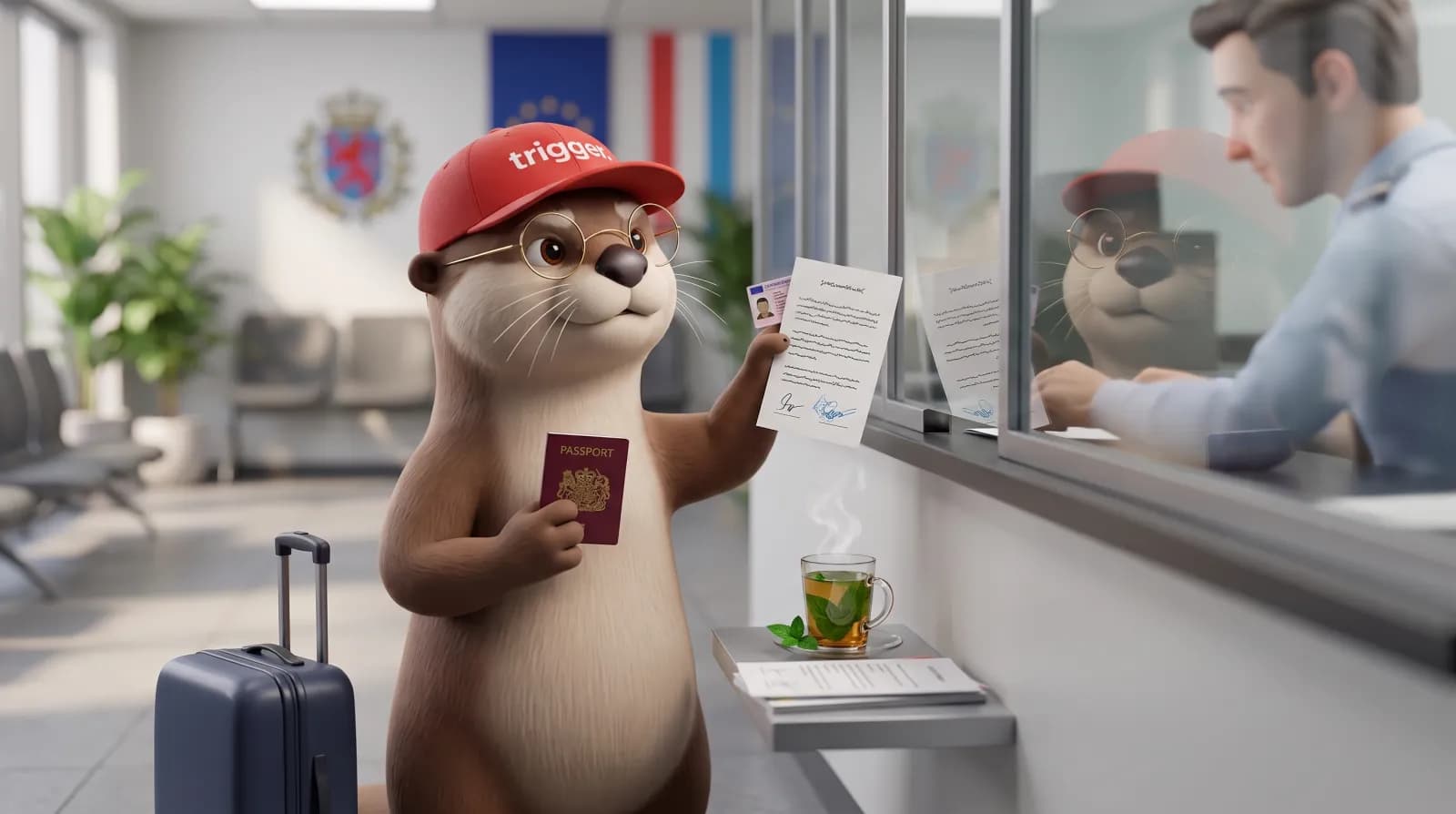 La loutre trigger avec des lunettes présente son passeport et des documents administratifs au guichet d'un bureau au Luxembourg.