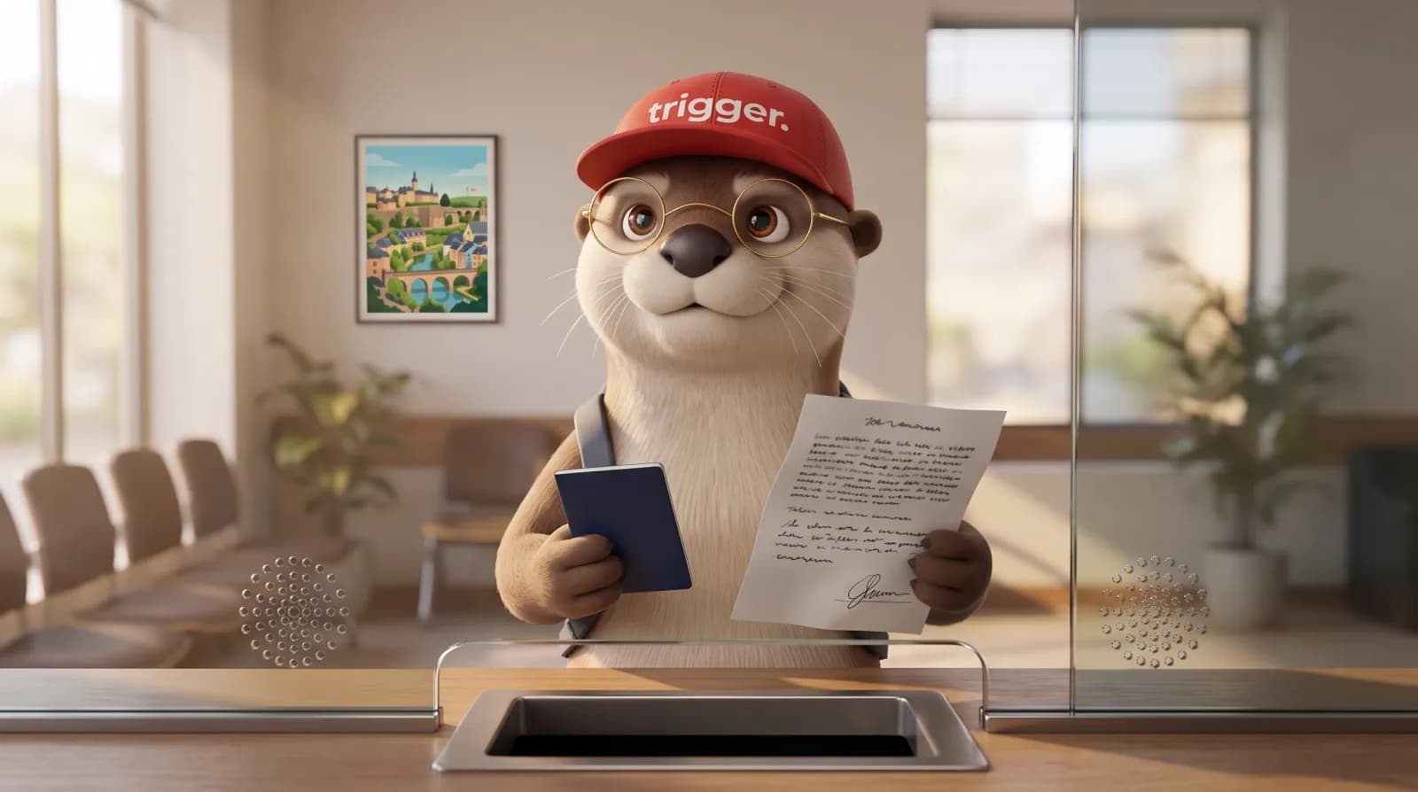 La loutre trigger avec lunettes et casquette rouge présente un passeport et un document officiel à un guichet administratif au Luxembourg.