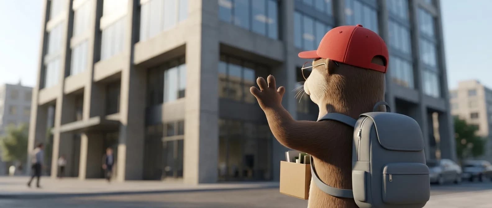 La loutre trigger, mascotte du guide sur le Luxembourg, est vue de dos avec un sac à dos et une boîte de documents, saluant devant un immeuble de bureaux.