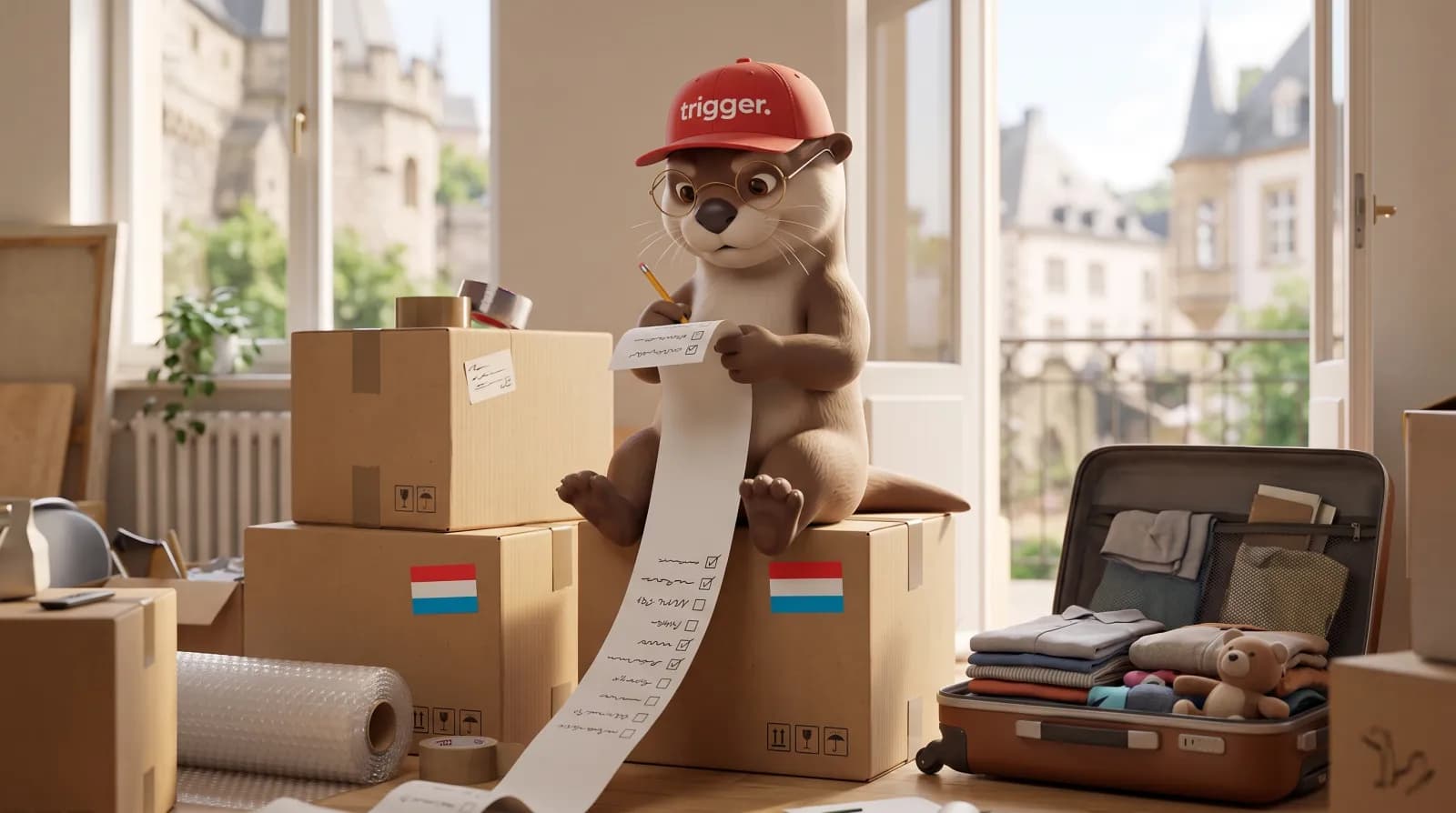 La loutre trigger porte une casquette rouge et coche une longue liste de déménagement, assise sur des cartons estampillés du drapeau du Luxembourg.