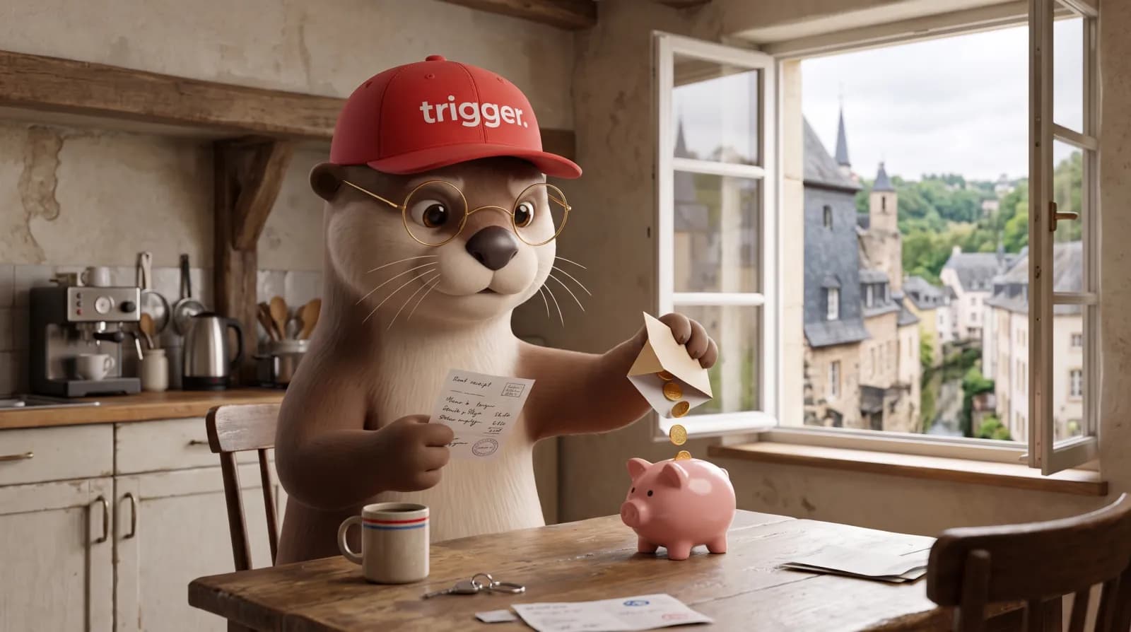 La loutre trigger met des pièces dans une tirelire tout en consultant une quittance de loyer au Luxembourg.