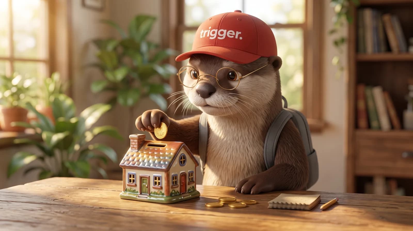 La loutre trigger avec sa casquette rouge insère une pièce dans une tirelire en forme de maison pour économiser au Luxembourg.