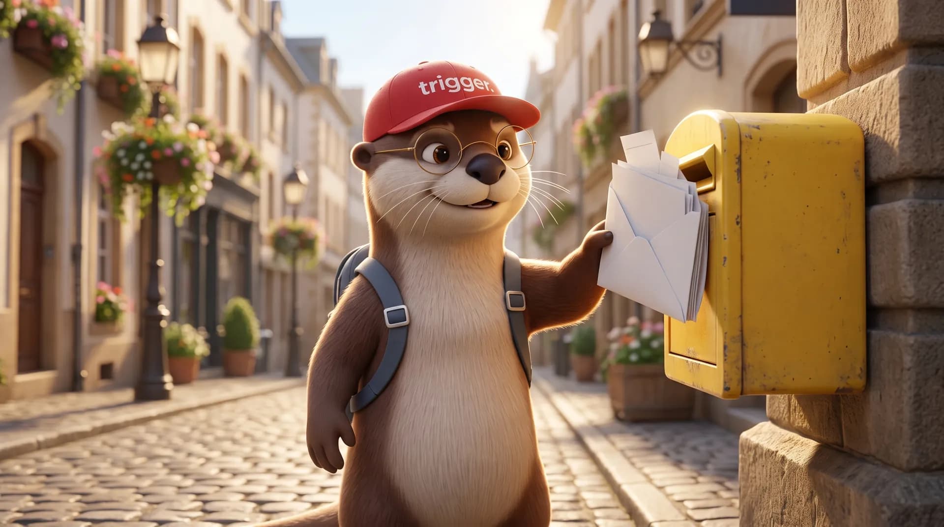 La loutre trigger glisse une enveloppe remplie de factures médicales dans une boîte aux lettres jaune, dans une rue pavée et fleurie.