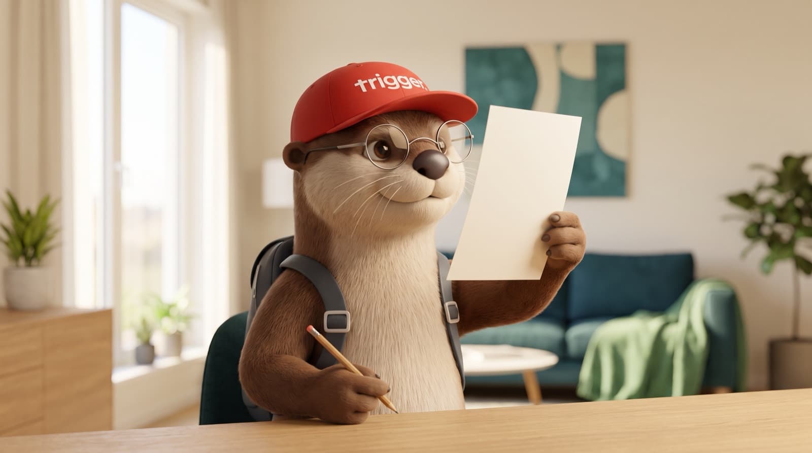 La loutre trigger porte des lunettes et une casquette rouge, tenant un document et un crayon pour illustrer les démarches au Luxembourg.