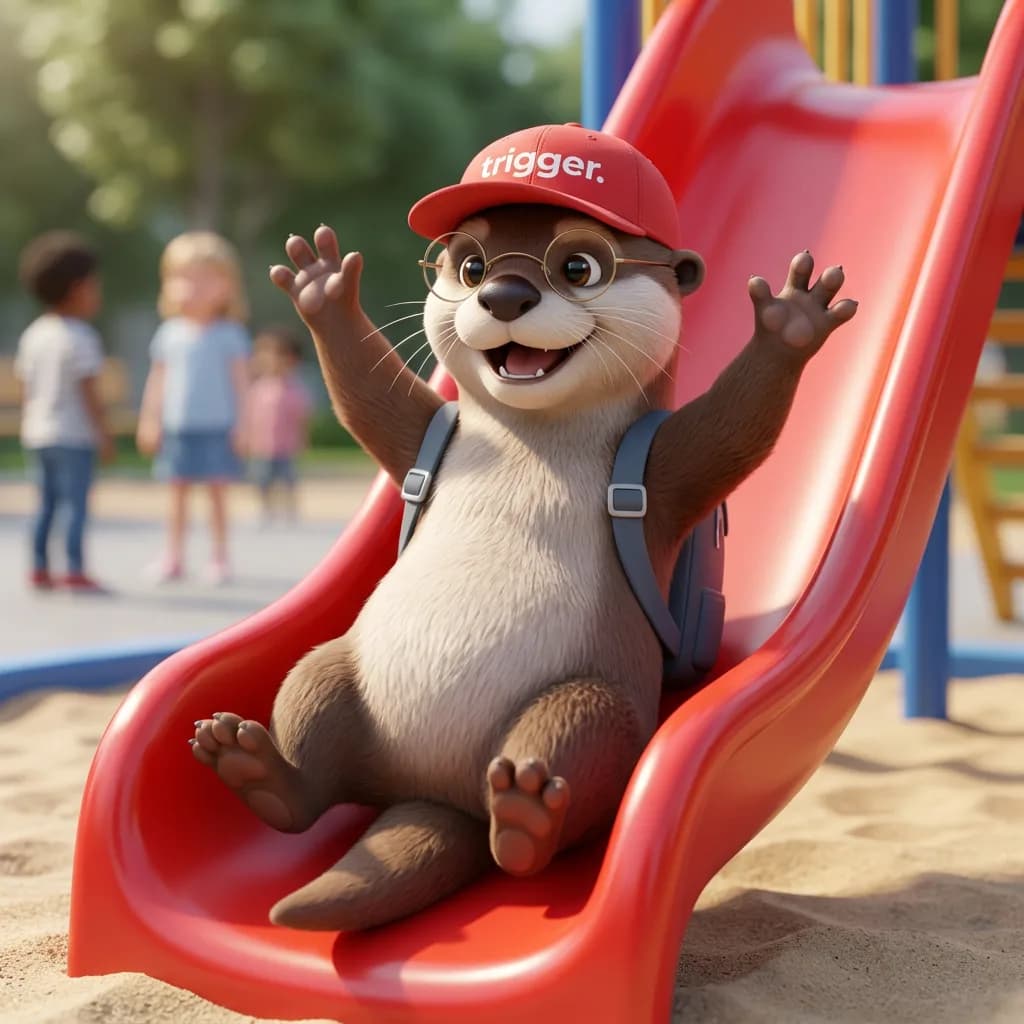 La loutre trigger, mascotte du site, porte une casquette rouge et des lunettes, assise sur une glissade rouge dans un parc pour enfants au Luxembourg.