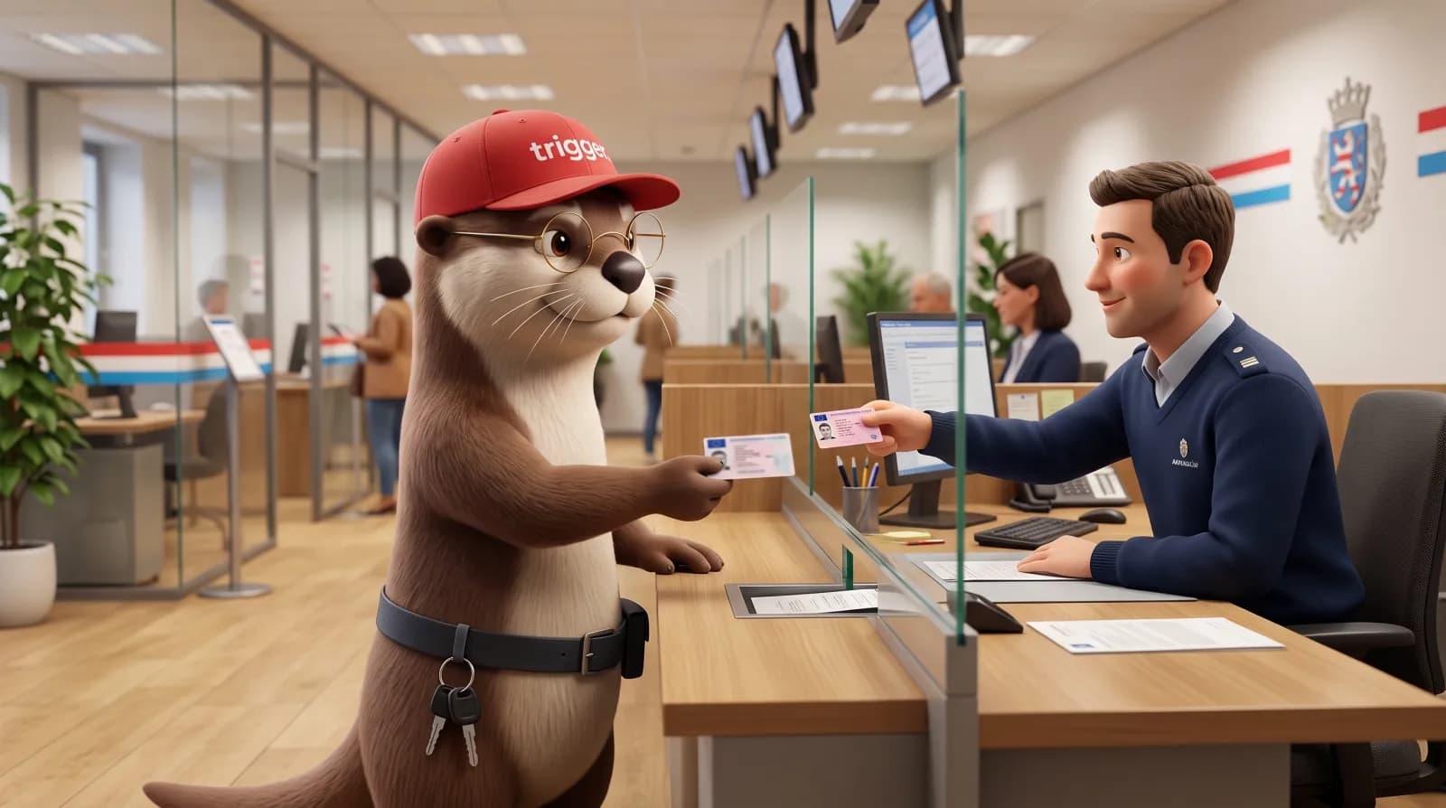 La loutre trigger présente sa carte d'identité à un guichet d'une administration publique au Luxembourg.