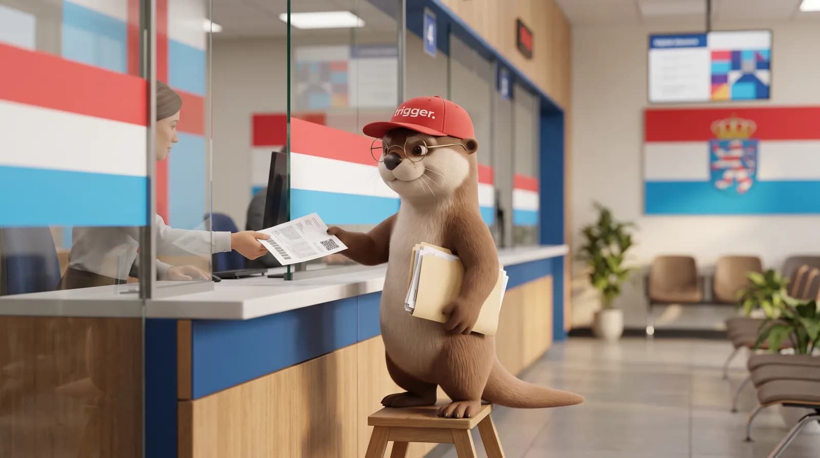 La loutre trigger effectue des démarches administratives au guichet d'un service public au Luxembourg en tendant un document.