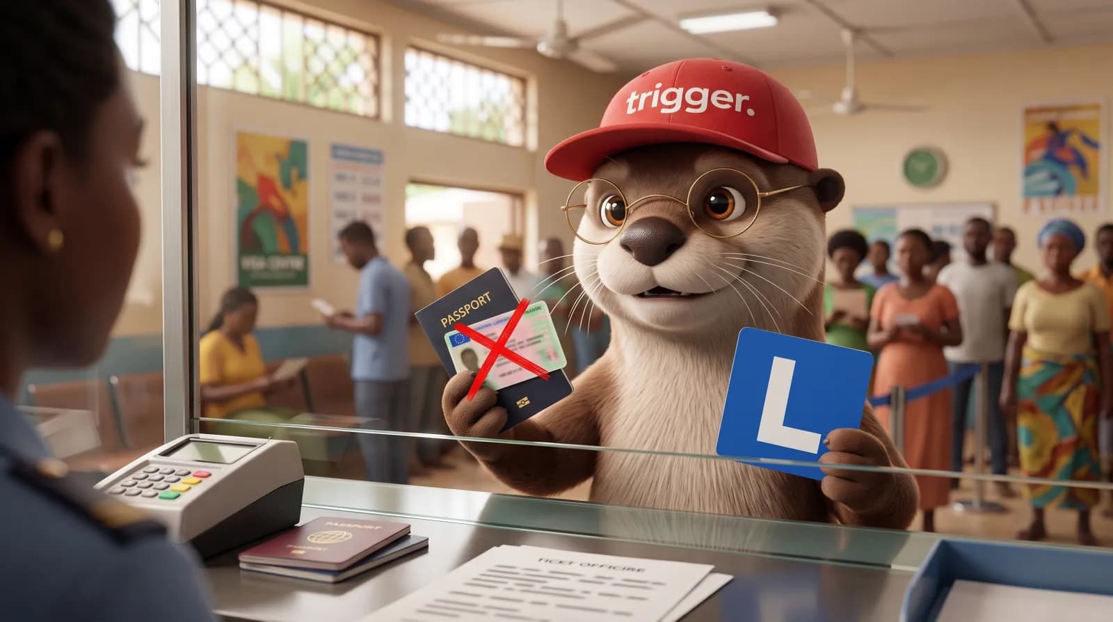 La loutre trigger présente un panneau L à un guichet administratif au Luxembourg, à la place de papiers d'identité barrés.
