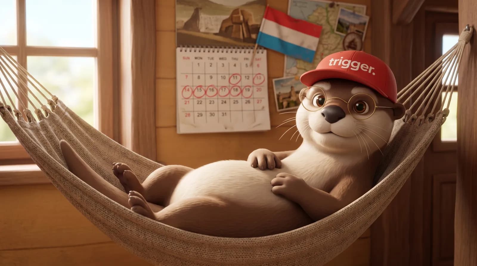 La loutre trigger porte sa casquette rouge et se détend dans un hamac près d'un calendrier et du drapeau du Luxembourg.