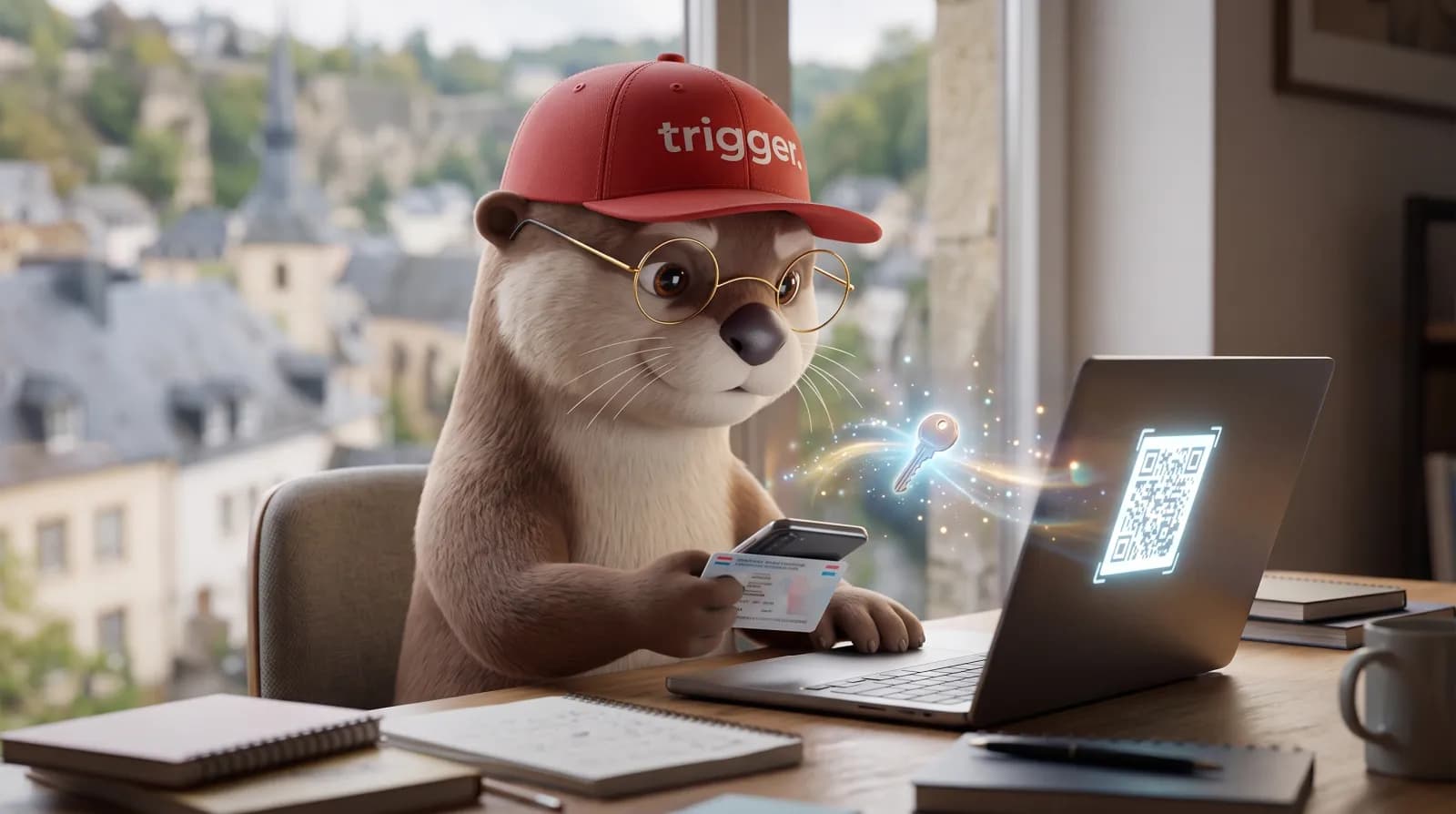 La loutre trigger utilise une carte d'identité et un ordinateur pour effectuer une démarche administrative en ligne au Luxembourg.