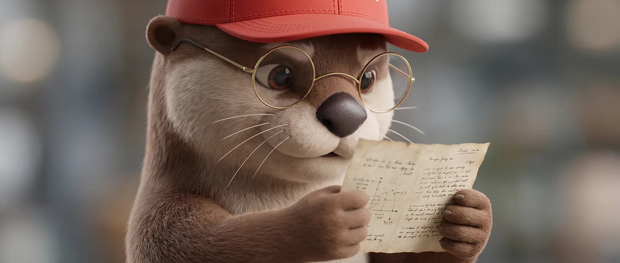 La loutre trigger avec lunettes et casquette rouge lit attentivement un document administratif pour ses démarches au Luxembourg.