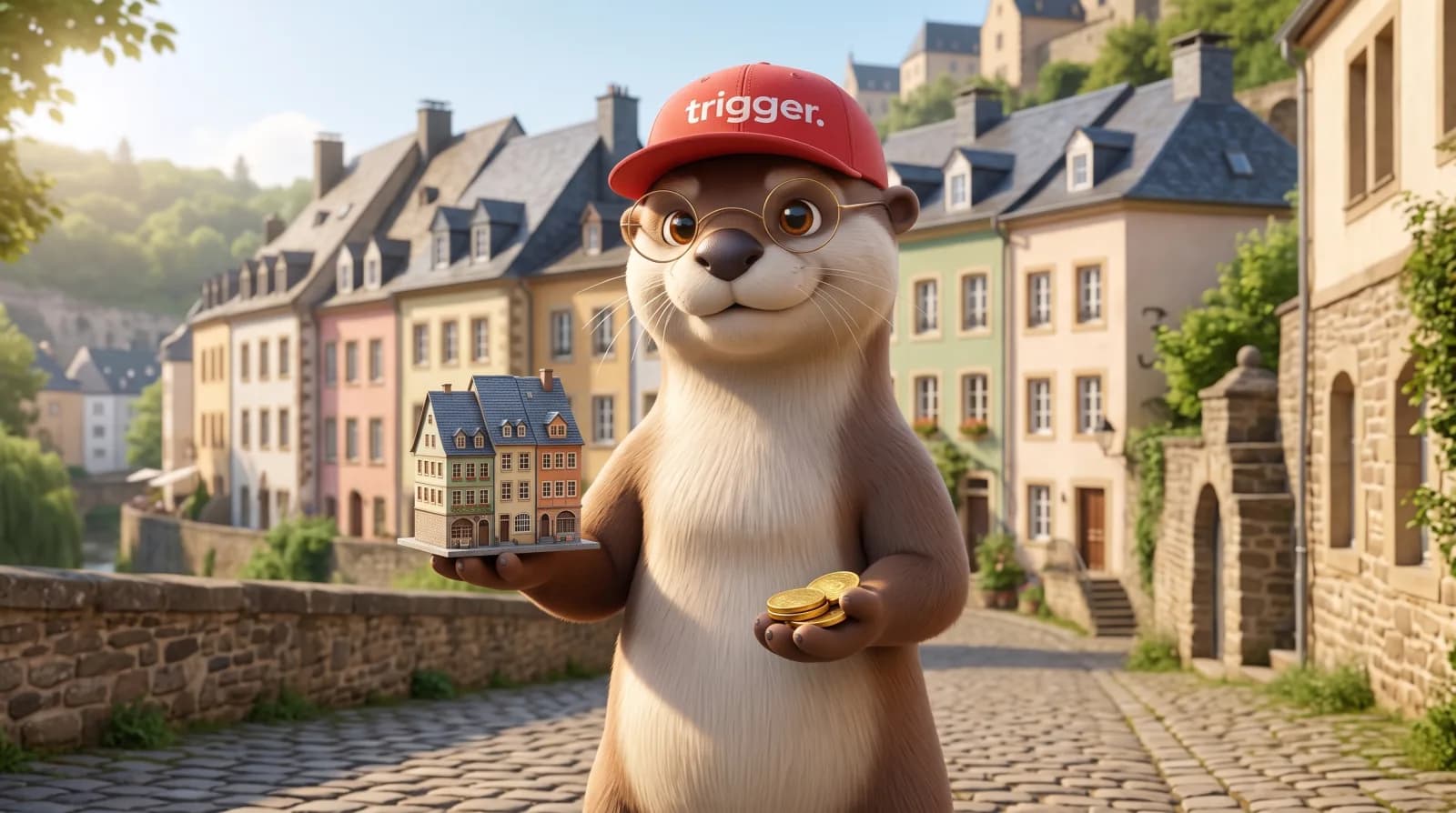La loutre trigger portant une casquette rouge tient une maquette d'immeuble et des pièces d'or dans une rue historique du Luxembourg.