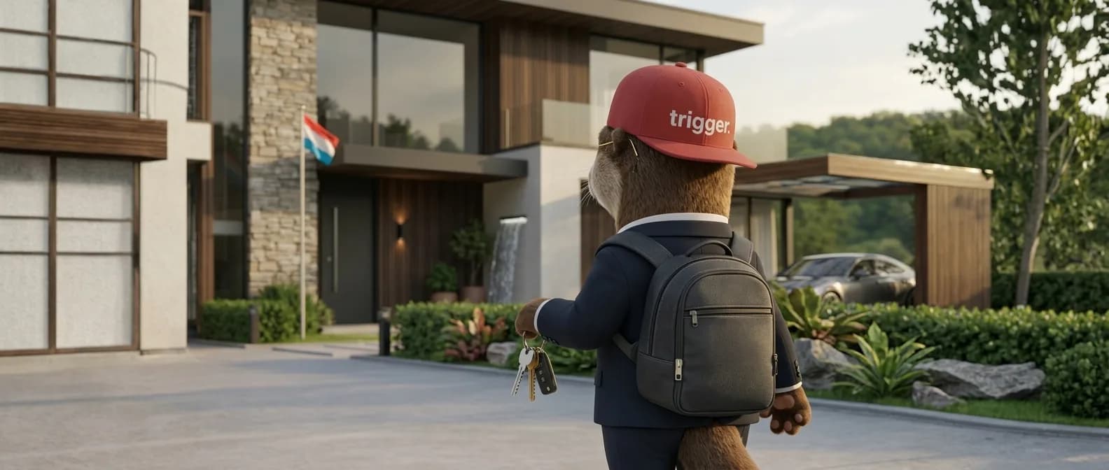 La loutre trigger, mascotte du guide, tient des clés devant une maison moderne avec le drapeau luxembourgeois. Elle représente l'arrivée au Luxembourg.