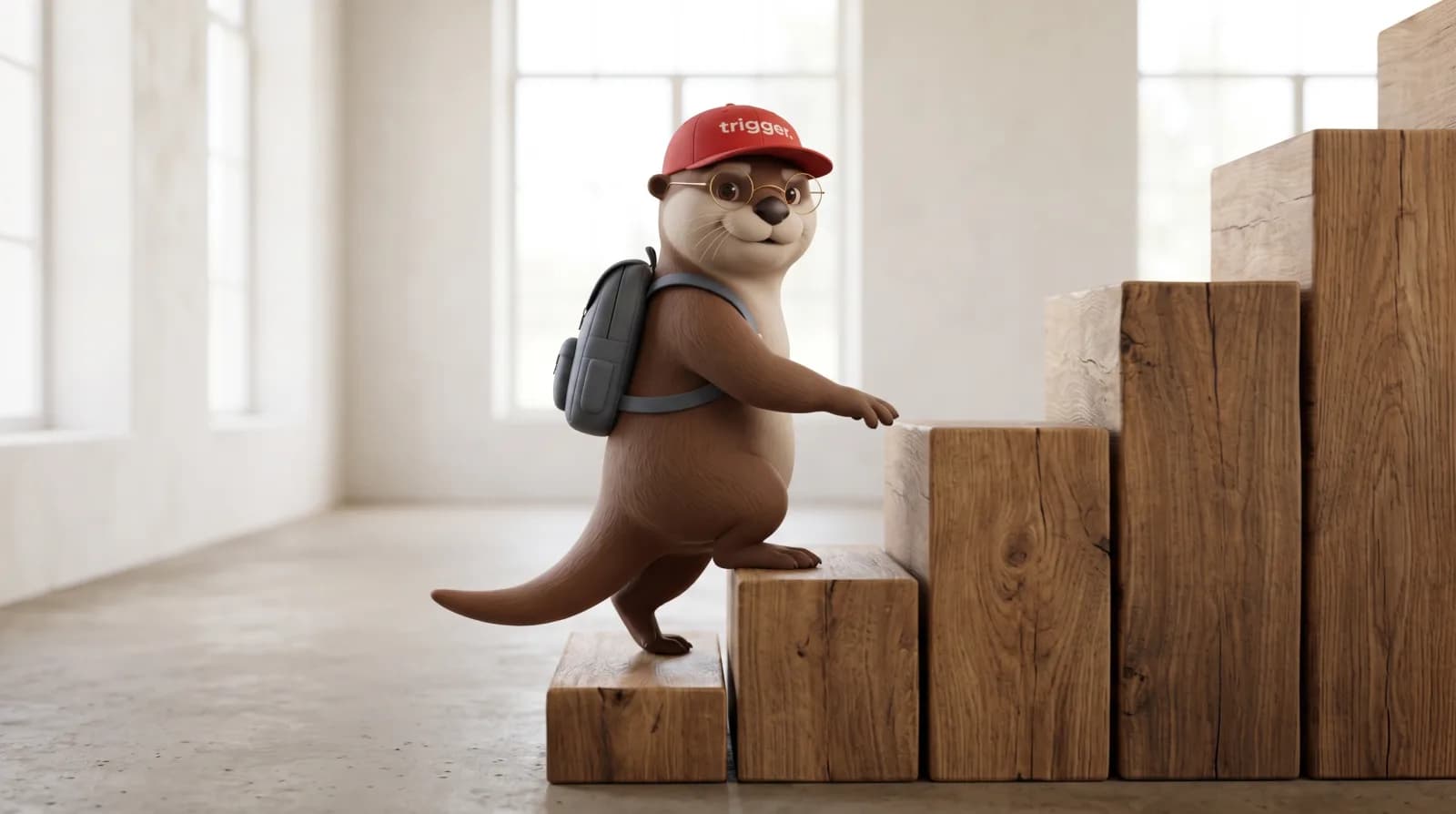 La loutre trigger avec sa casquette rouge et un sac à dos monte des marches en bois pour illustrer les démarches au Luxembourg.