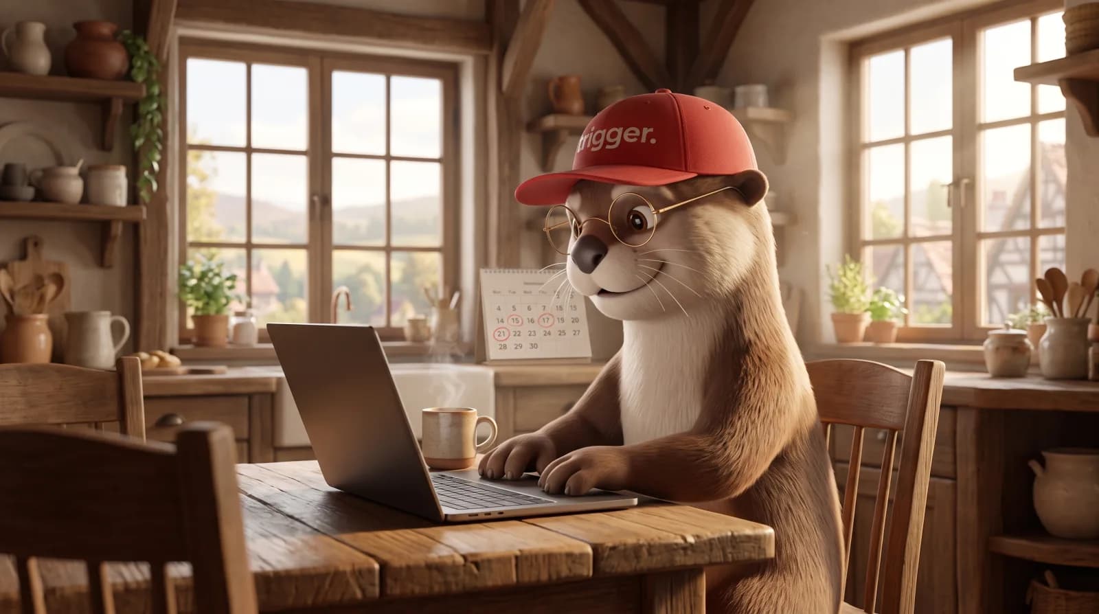 La loutre trigger travaille sur un ordinateur portable dans une cuisine chaleureuse pour effectuer ses démarches administratives au Luxembourg.