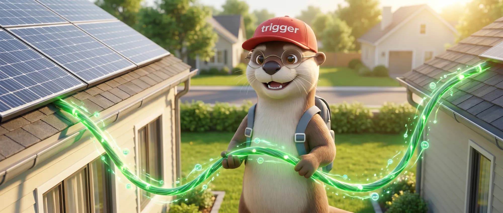 La loutre trigger relie des panneaux solaires entre deux maisons au Luxembourg avec un câble d'énergie verte lumineuse.