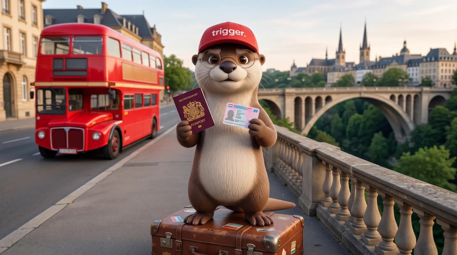 La loutre trigger, casquette rouge et lunettes, tient un passeport britannique et une carte de séjour sur le pont Adolphe au Luxembourg.