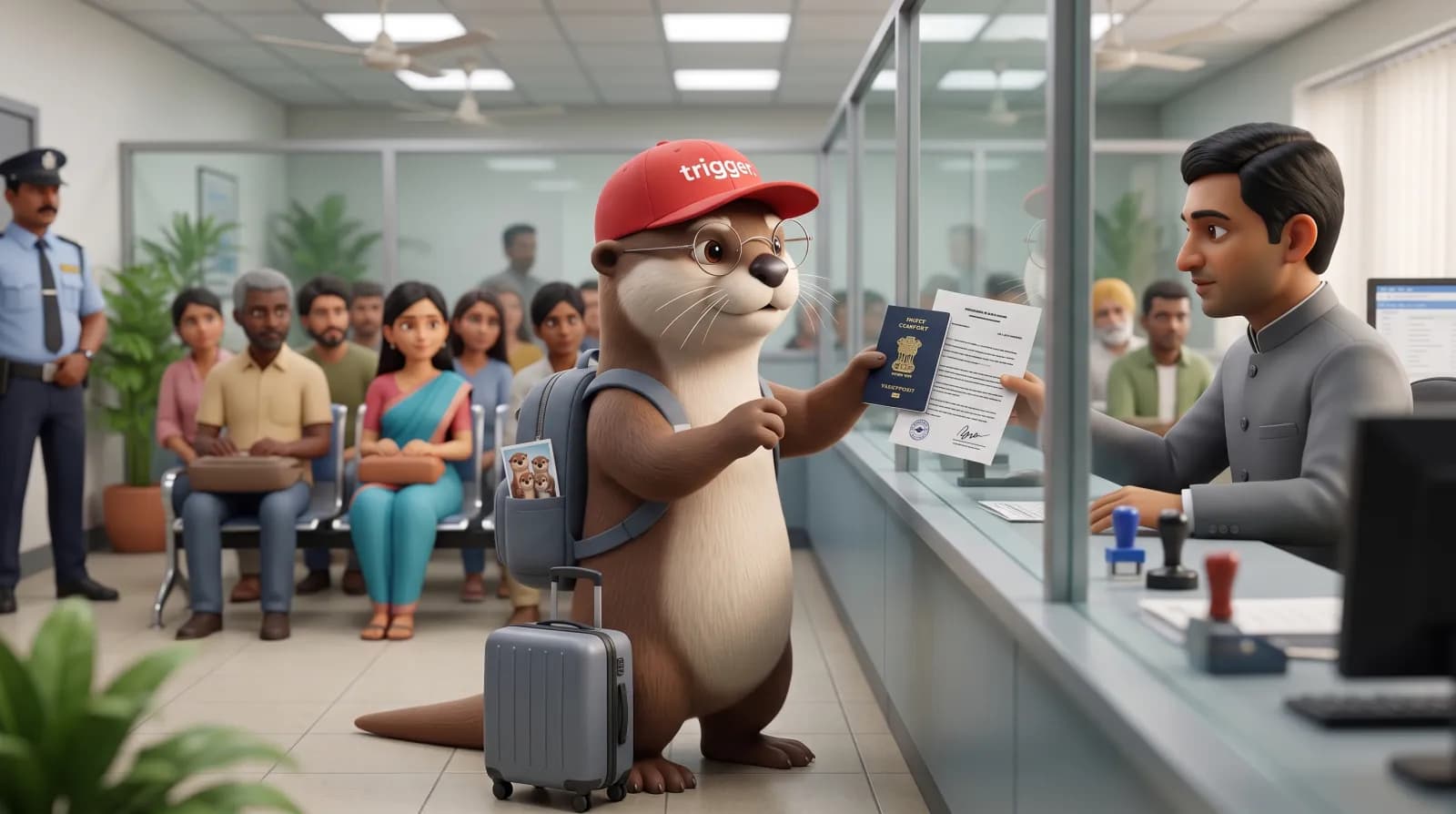 La loutre trigger présente son passeport et un document au guichet administratif lors de démarches d'installation au Luxembourg.