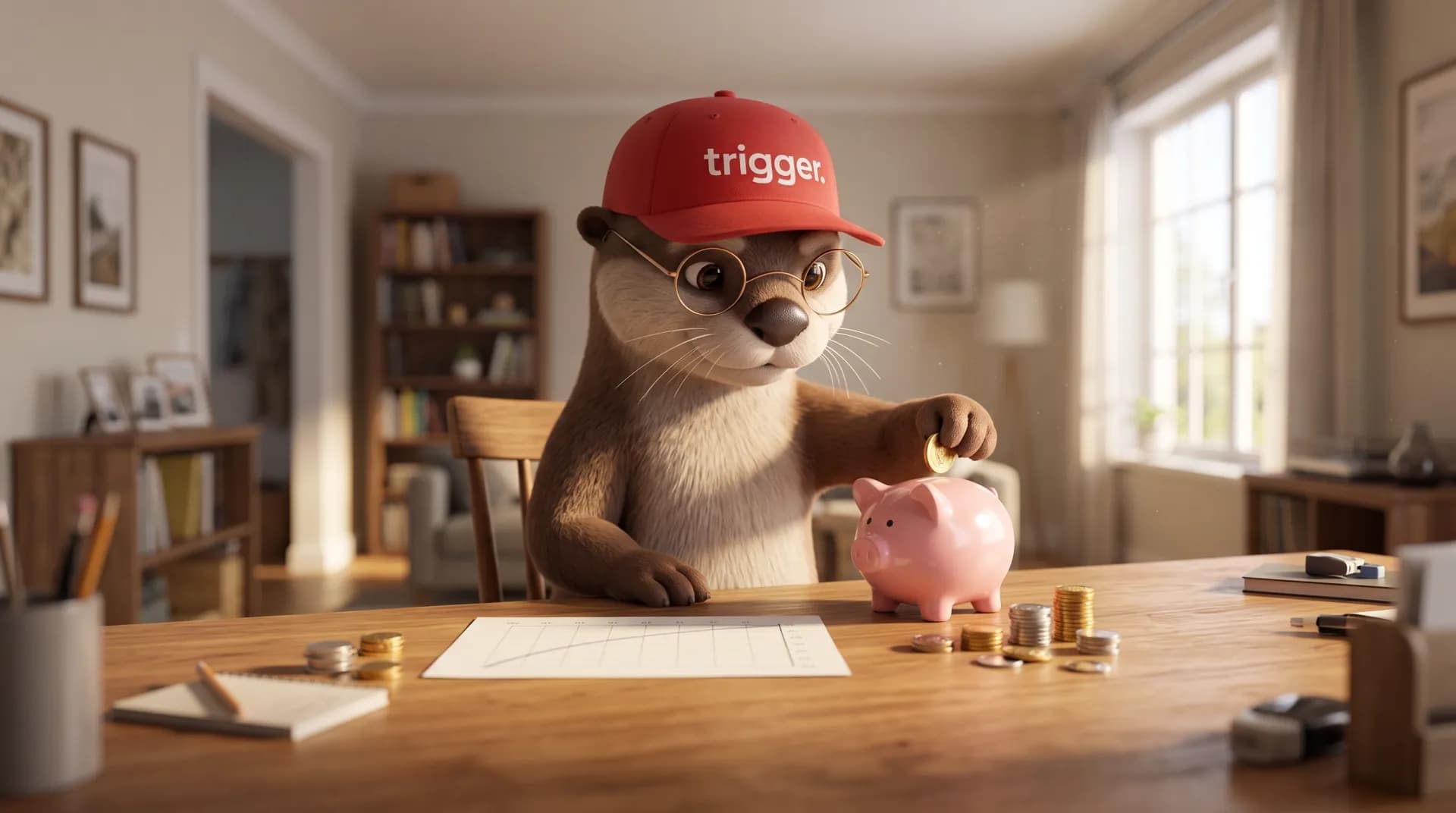 La loutre trigger glisse une pièce dorée dans une tirelire cochon rose, à côté de piles de pièces et d'un plan d'épargne posé sur la table.